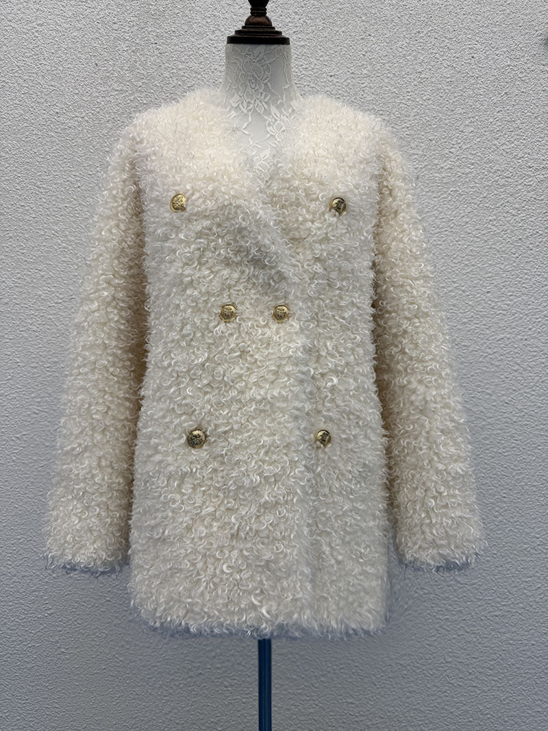 Off-white double-breasted plush coat