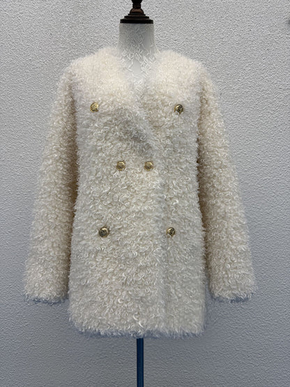 Off-white double-breasted plush coat