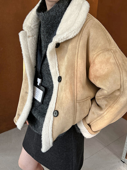 Shearling-Lined Short Moto Jacket – Women’s Warm Faux Suede Winter Coat