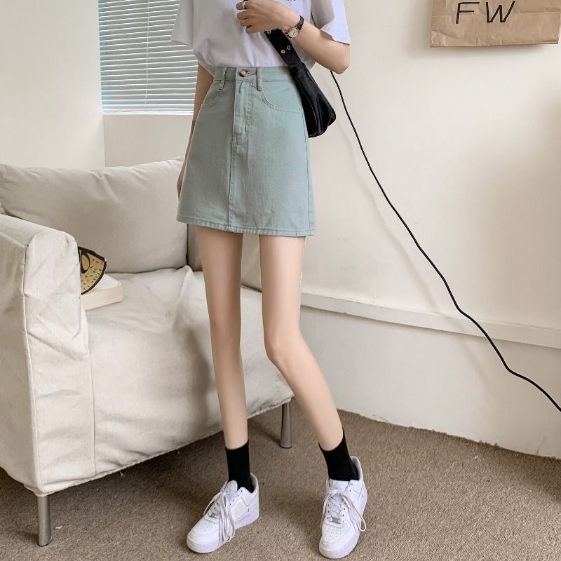 High-Waisted Green Denim Skirt – Women’s A-Line Mini Skirt with Pockets (Sizes S–XL)