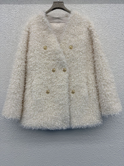 Off-white double-breasted plush coat