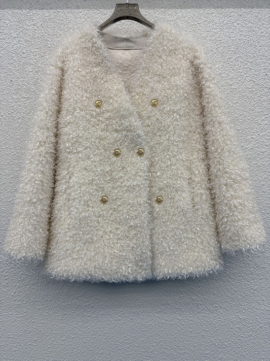 Off-white double-breasted plush coat