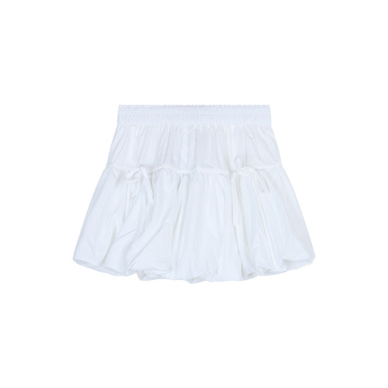 Sweet Puffy Mini Skirt – White High-Waisted Bubble A-Line Skirt with Ribbon Detail (S–XL)