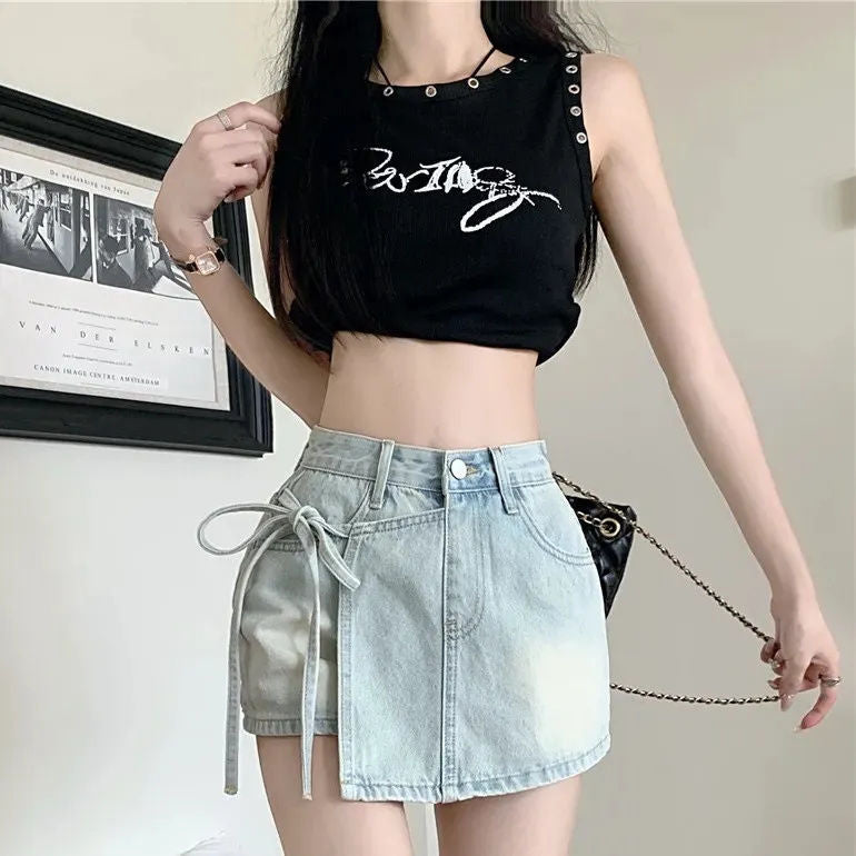 High Waist Tie-Side Denim Mini Skirt – A-Line Slim Fit Skirt for Women (S–XL)