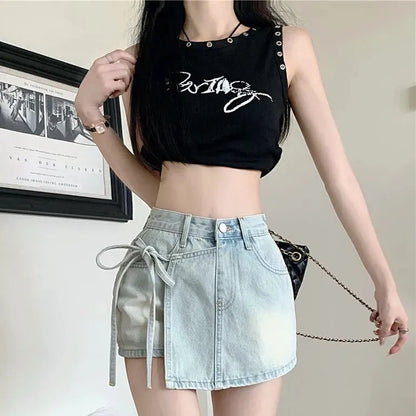 High Waist Tie-Side Denim Mini Skirt – A-Line Slim Fit Skirt for Women (S–XL)