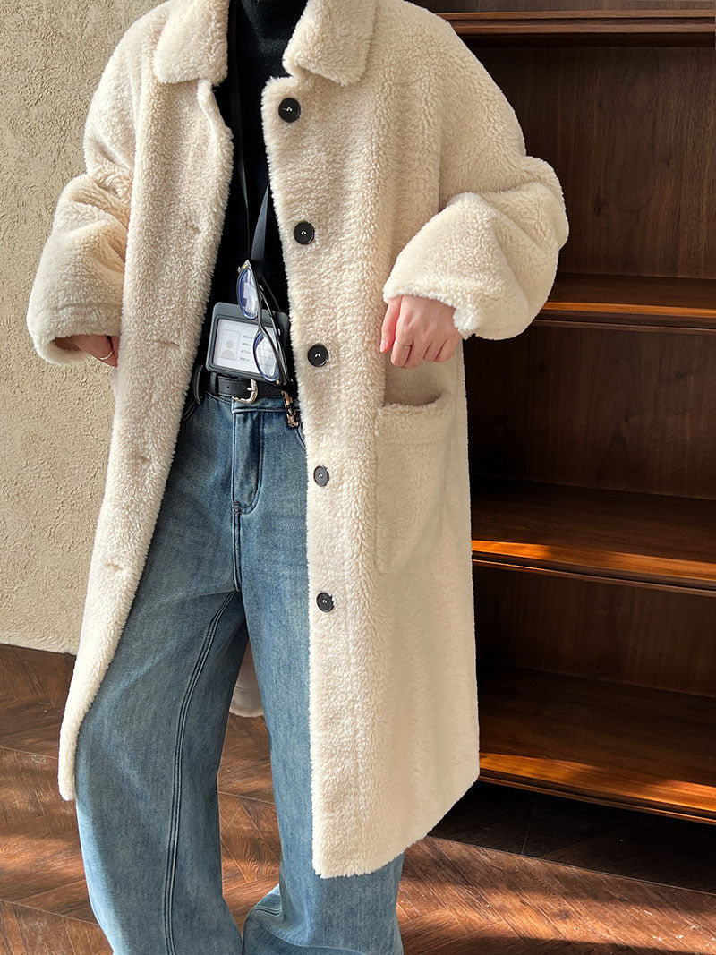 Beige Teddy Fleece Long Coat – Women’s Oversized Warm Winter Lapel Jacket