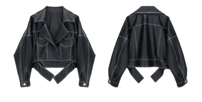 Black topstitched cropped leather jacket – a trendy and avant-garde style, a fashionable and avant-garde item suitable for various scenes