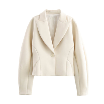 Minimalist Ivory White Blazer – Women’s Single-Breasted Short Suit Jacket