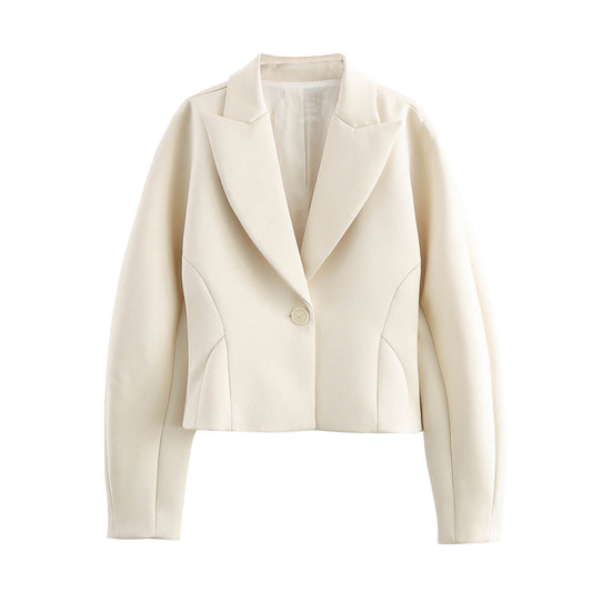 Minimalist Ivory White Blazer – Women’s Single-Breasted Short Suit Jacket