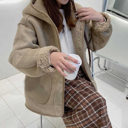 Thickened Sherpa Fleece Hooded Jacket – Women’s Loose Fit Warm Winter Casual Coat
