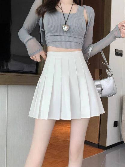 High-Waisted Pleated A-Line Mini Skirt – White School Style Skater Skirt (S–XL)