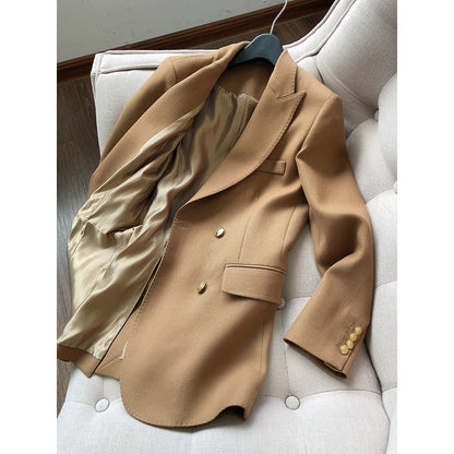 Women’s Camel Blazer S-XL — Elegant Slim Fit Mid-Length Jacket, Double-Breasted Business Casual Suit Coat