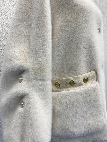White Pearl Button Plush Coat - Elegant and Refined, Delivering a Luxurious Winter Style