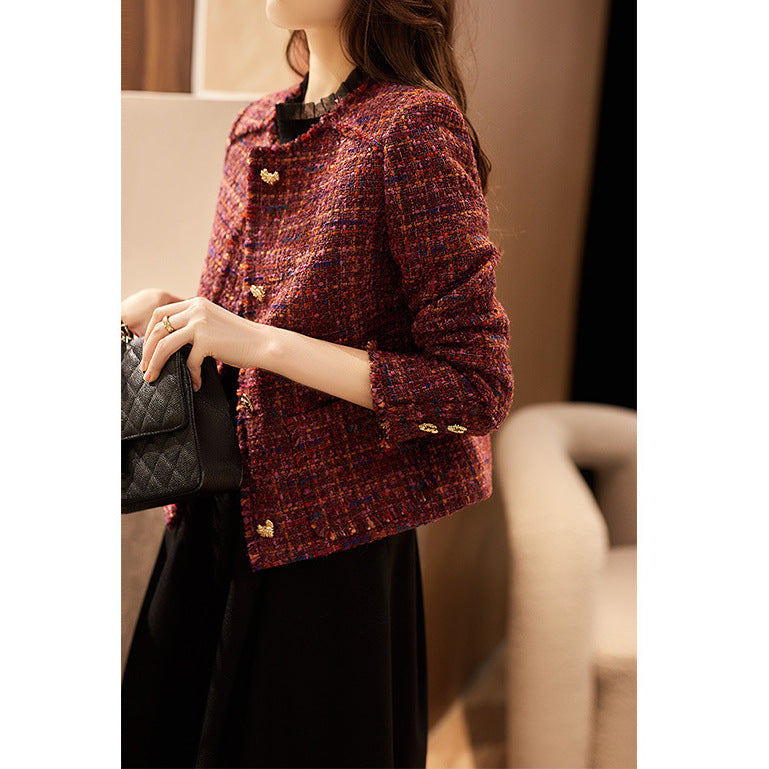 Women’s Tweed Short Jacket S-XL — Elegant Round Neck Design, Slim Fit, Vintage Red-Purple Blended Chic Cropped Outerwear