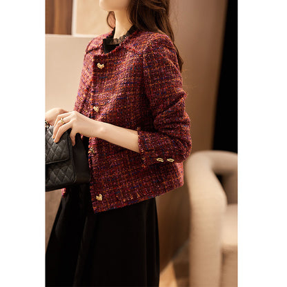 Women’s Tweed Short Jacket S-XL — Elegant Round Neck Design, Slim Fit, Vintage Red-Purple Blended Chic Cropped Outerwear