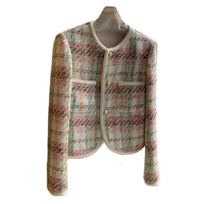 Vintage Chanel-Style Tweed Plaid Short Jacket – Elegant Women’s Tailored Blazer