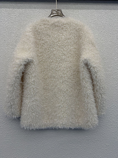Off-white double-breasted plush coat
