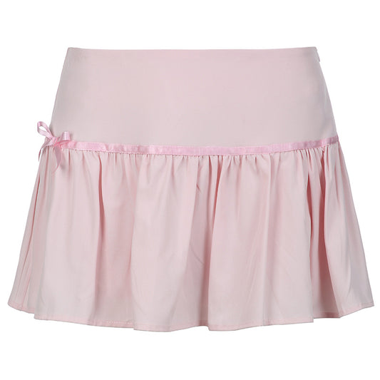 Sweet Bow High-Waisted Pleated Mini Skirt – Soft Pink A-Line Skirt (Sizes S–XL)