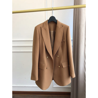 Women’s Camel Blazer S-XL — Elegant Slim Fit Mid-Length Jacket, Double-Breasted Business Casual Suit Coat