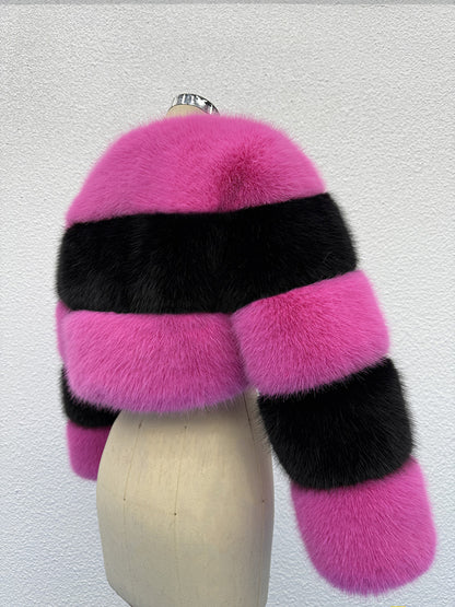Pink and black contrast short fur coat - fashionable contrast color, creating a personalized eye-catching look