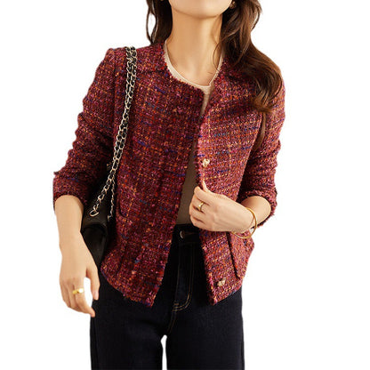 Women’s Tweed Short Jacket S-XL — Elegant Round Neck Design, Slim Fit, Vintage Red-Purple Blended Chic Cropped Outerwear