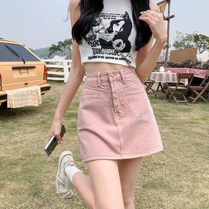 Pink High Waist A-Line Denim Mini Skirt – Casual Slim Fit Streetwear (S–XL)