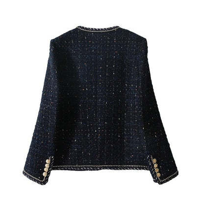 Elegant Women’s Tweed Jacket – Classic Black Chanel-Inspired Blazer with Gold Button Details and Trim Design