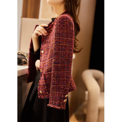 Women’s Tweed Short Jacket S-XL — Elegant Round Neck Design, Slim Fit, Vintage Red-Purple Blended Chic Cropped Outerwear