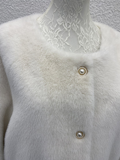 White Pearl Button Plush Coat - Elegant and Refined, Delivering a Luxurious Winter Style