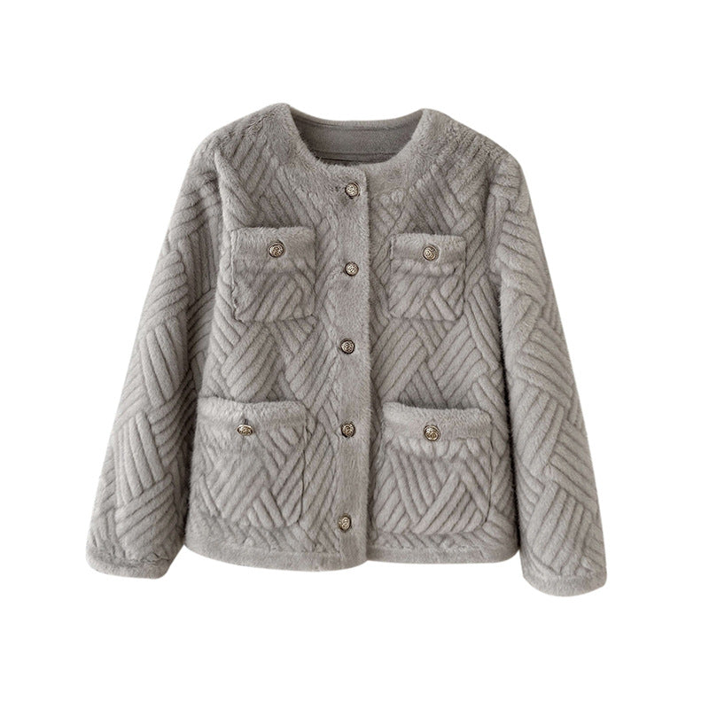 Light grey woven faux lamb fur coat – a subtle Chanel touch for a sophisticated and warm winter look