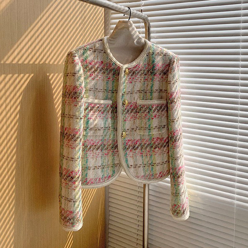 Vintage Chanel-Style Tweed Plaid Short Jacket – Elegant Women’s Tailored Blazer