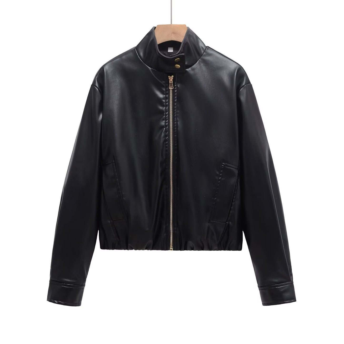 Black stand collar cropped leather jacket