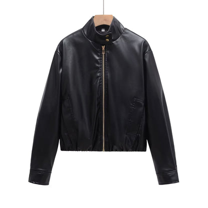 Black stand collar cropped leather jacket