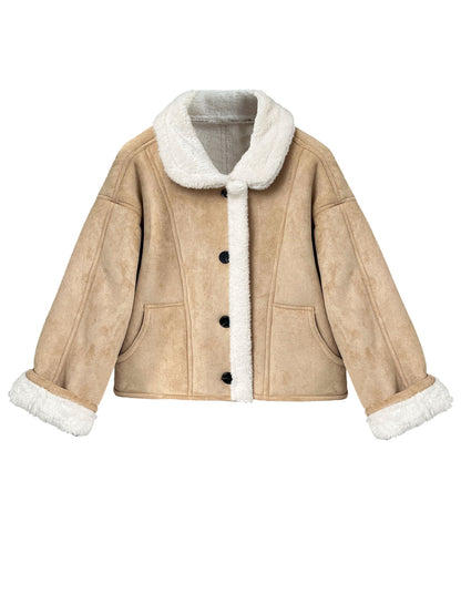 Shearling-Lined Short Moto Jacket – Women’s Warm Faux Suede Winter Coat