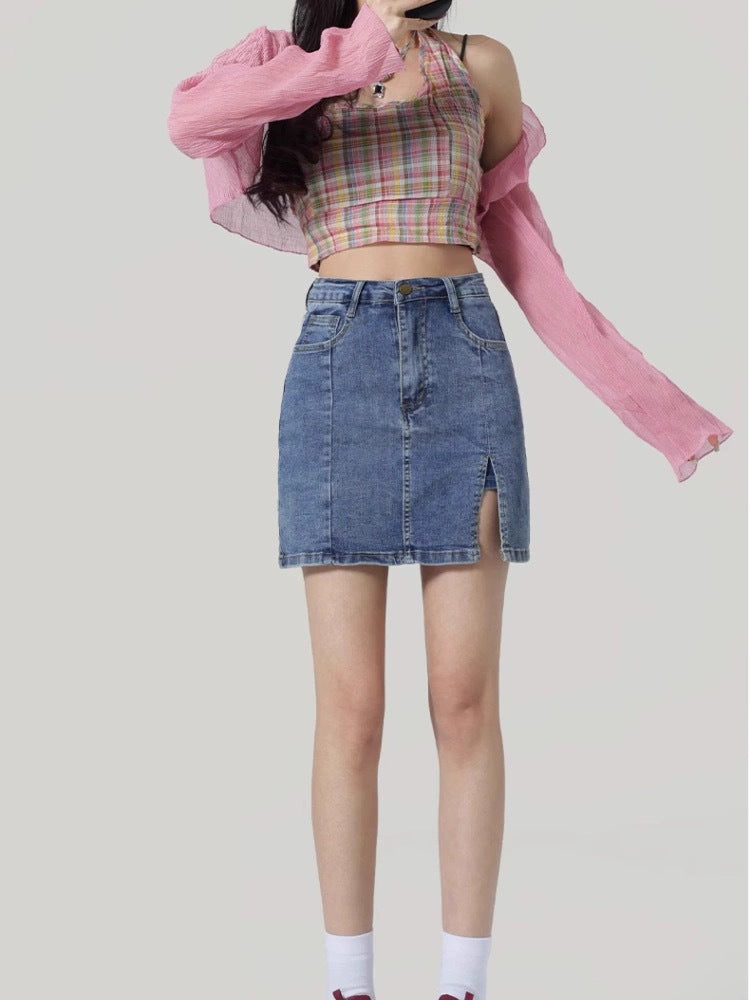 High Waist Front Slit Denim A-Line Mini Skirt – Vintage Casual Style (S–XL)