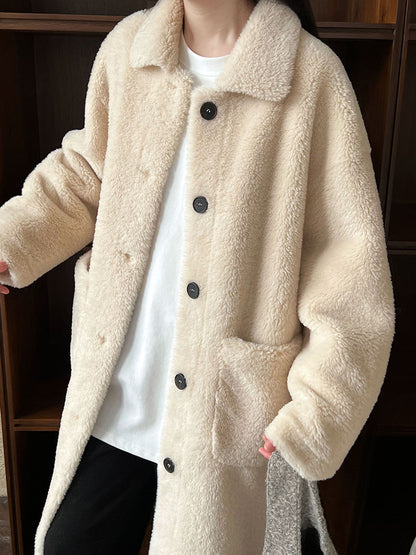 Beige Teddy Fleece Long Coat – Women’s Oversized Warm Winter Lapel Jacket