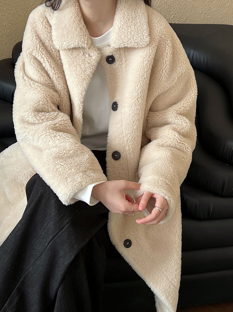 Beige Teddy Fleece Long Coat – Women’s Oversized Warm Winter Lapel Jacket