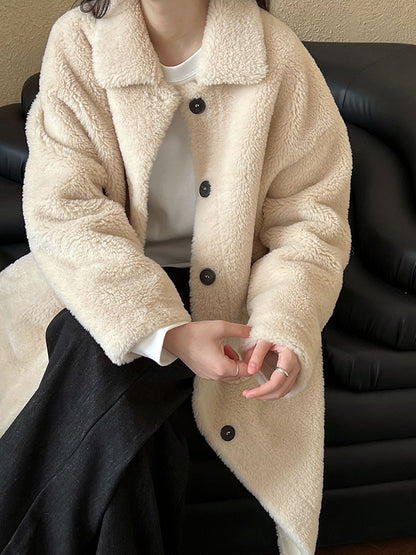 Beige Teddy Fleece Long Coat – Women’s Oversized Warm Winter Lapel Jacket